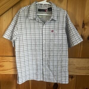 Quiksilver Button Up Shirt Brown Grey White Plaid Short Sleeve Kids XL 14/16